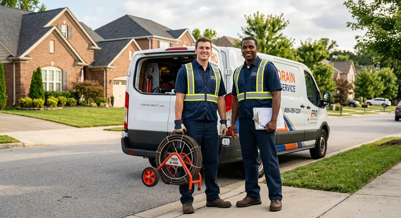 Sewer and drain service team with equipment ready for work in Albemarle