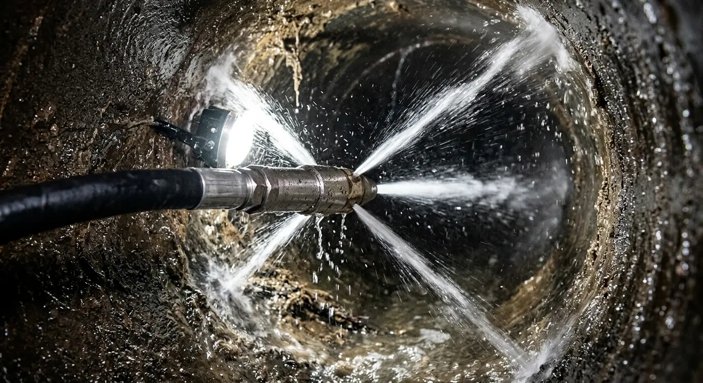 High-pressure hydro jetting nozzle cleaning sewer pipe for Trenchless Sewer Repair in Albemarle