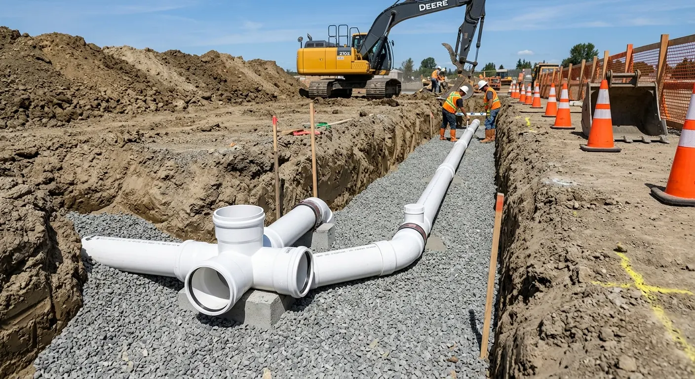 New PVC sewer pipe installation in open trench for Sewer Backup in Albemarle