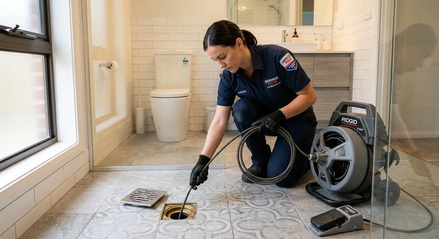Technician clearing a bathroom floor drain for Clogged Drain Repair in Albemarle